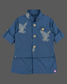 Kids sherwani set featuring golden eagle embroidery and mandarin collar for boys festive wear