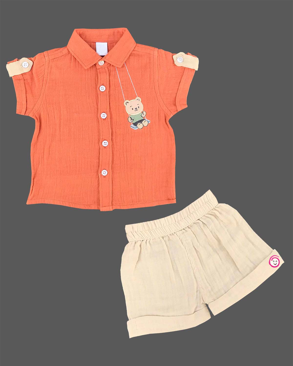 Orange premium muslin cotton shirt and shorts set with swinging teddy bear embroidery for daycare and family trips