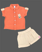 Orange premium muslin cotton shirt and shorts set with swinging teddy bear embroidery for daycare and family trips