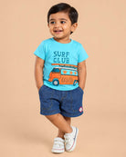 Sky blue graphic t-shirt with Surf Club print and blue denim elasticated shorts baby boy top and shorts set for summer vacations, playdates, and park outings