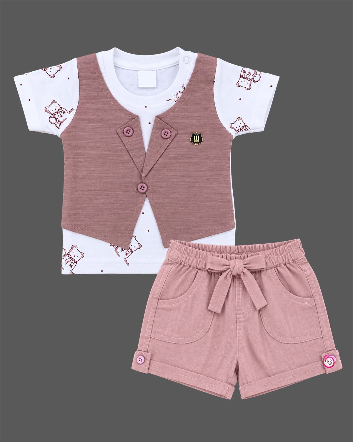 Stylish toddler boy casual clothes set with printed t-shirt attached waist jacket and matching shorts for baby clothes and kids clothing