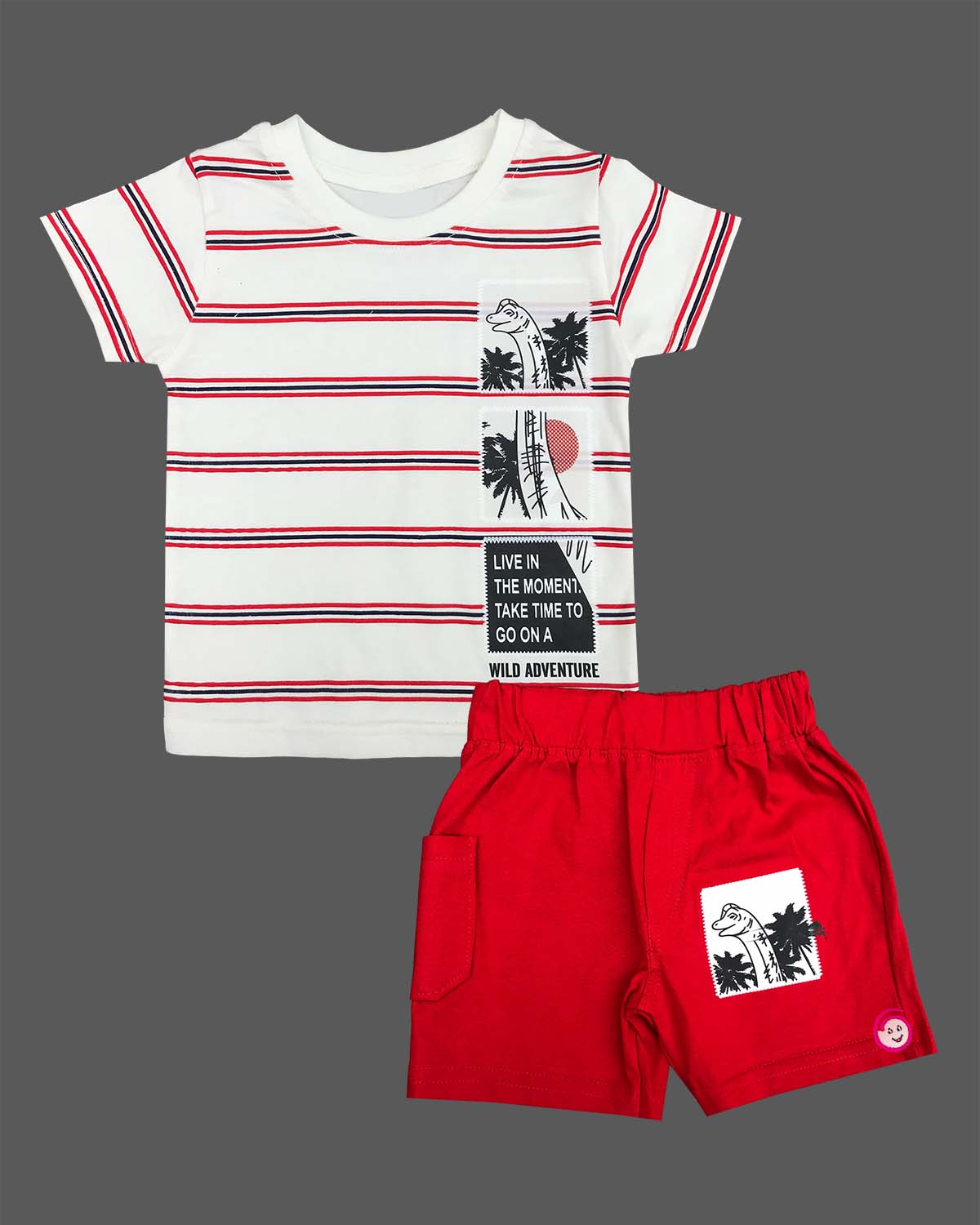 White striped t-shirt with graphic patches and red elasticated shorts baby boy top and shorts set for summer vacations, playdates, and park outings