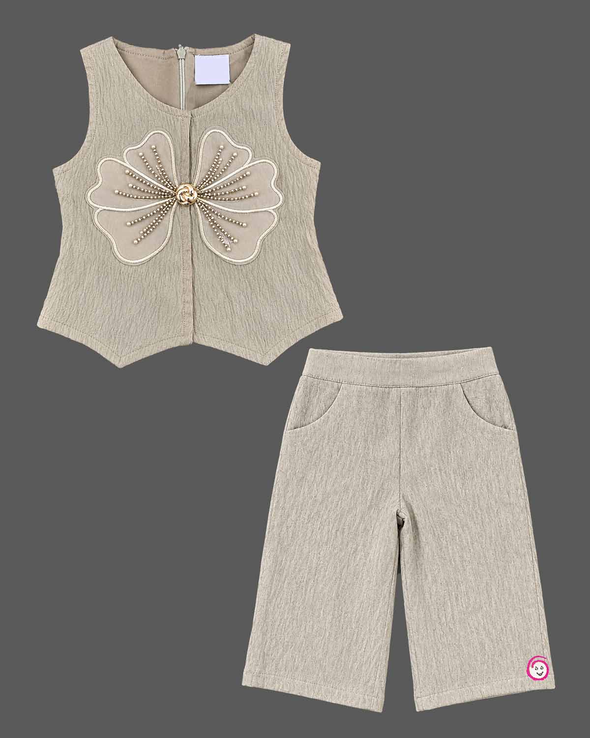 Toddler girl pleated vest and trouser set with pearl floral applique for party wear