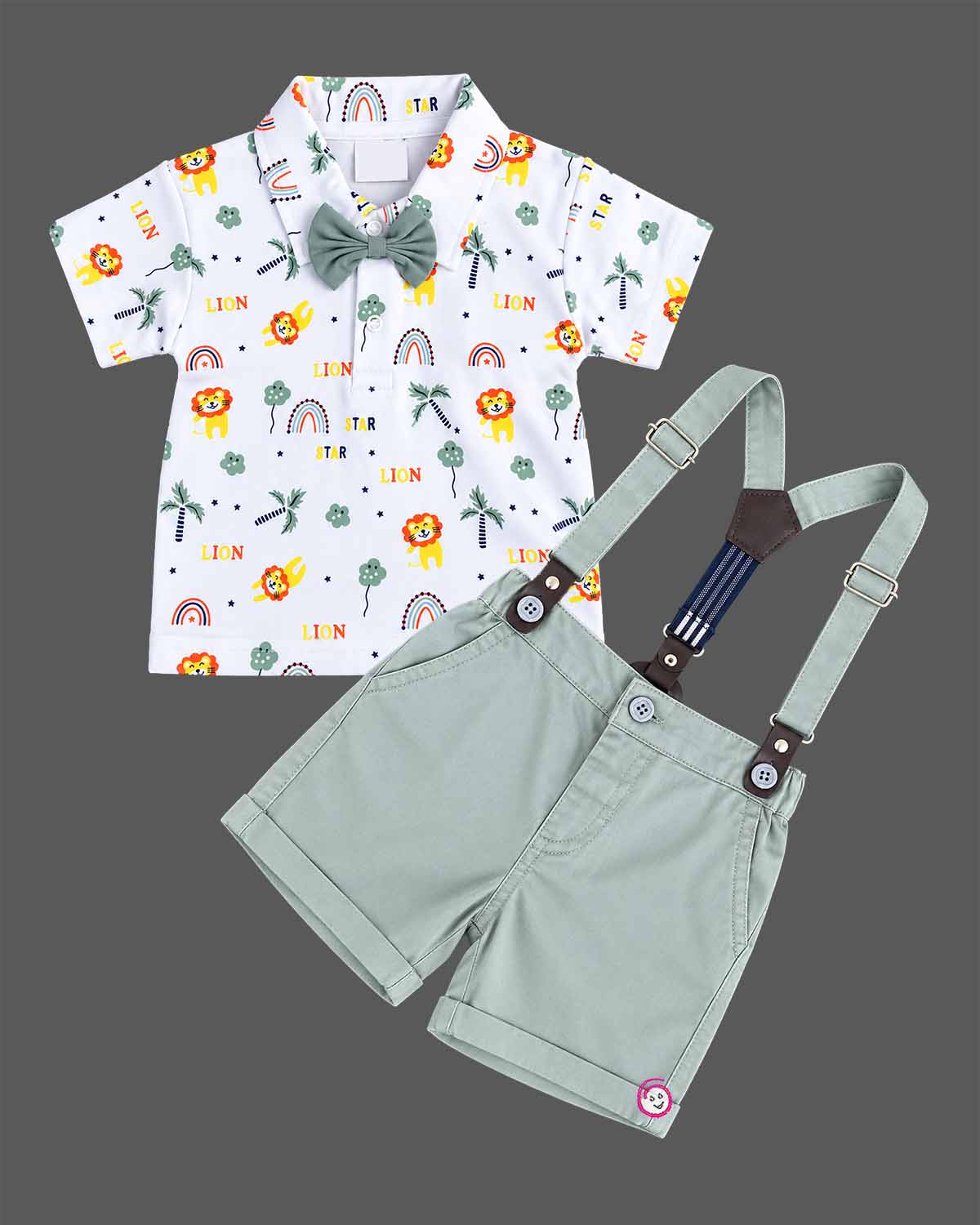 Infant boy printed shirt with bow tie and green suspender shorts dress for infant