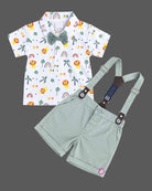 Infant boy printed shirt with bow tie and green suspender shorts dress for infant