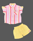 Boys 2-piece cotton casual set featuring a short-sleeve pink, yellow, and coral striped shirt and matching solid yellow elastic-waist shorts