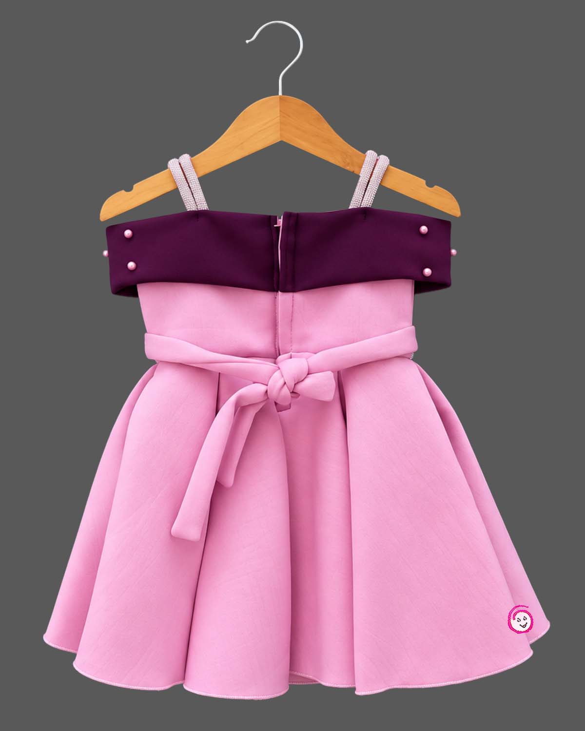 Kids party wear scuba frock with off-shoulder bow detail and pearl embellishments