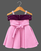 Kids party wear scuba frock with off-shoulder bow detail and pearl embellishments