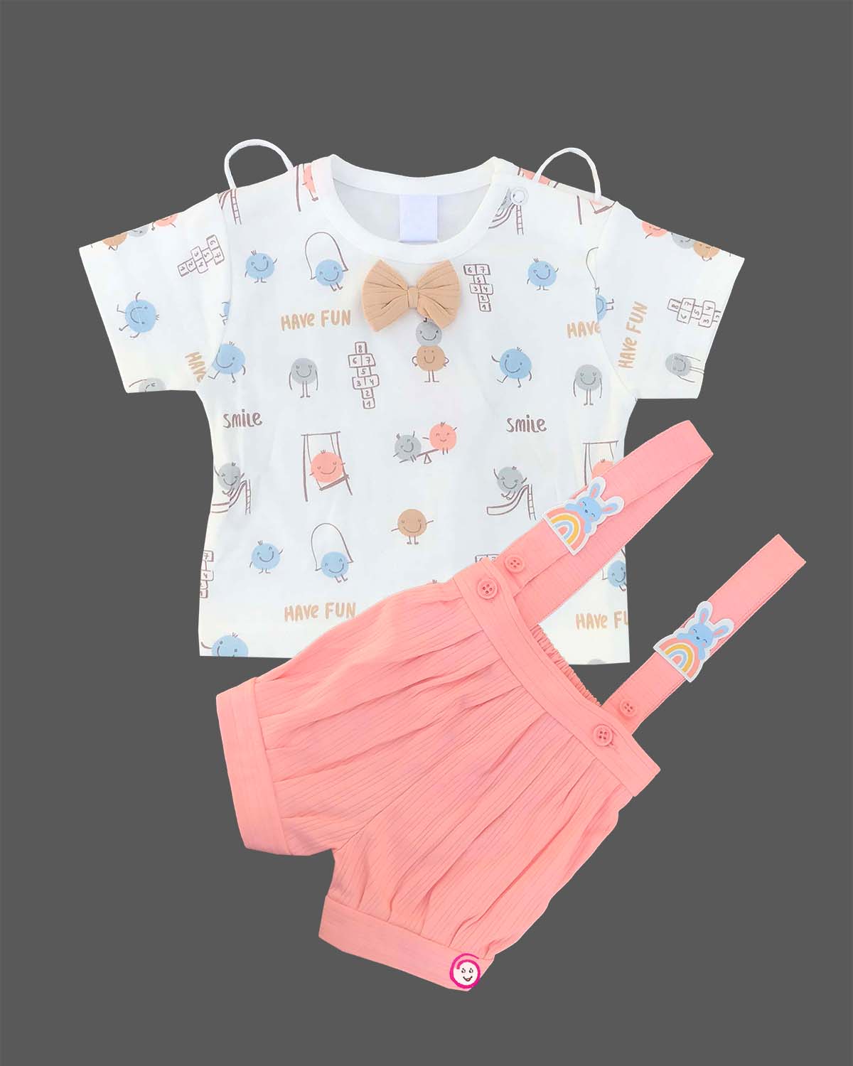 White doodle print t-shirt and peach Candy House suspender shorts set for birthday parties, casual outings, and summer playdates