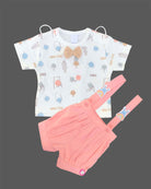 White doodle print t-shirt and peach Candy House suspender shorts set for birthday parties, casual outings, and summer playdates