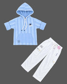 Hooded striped pullover top with drawstring cargo trousers set designed for party wear for boys.