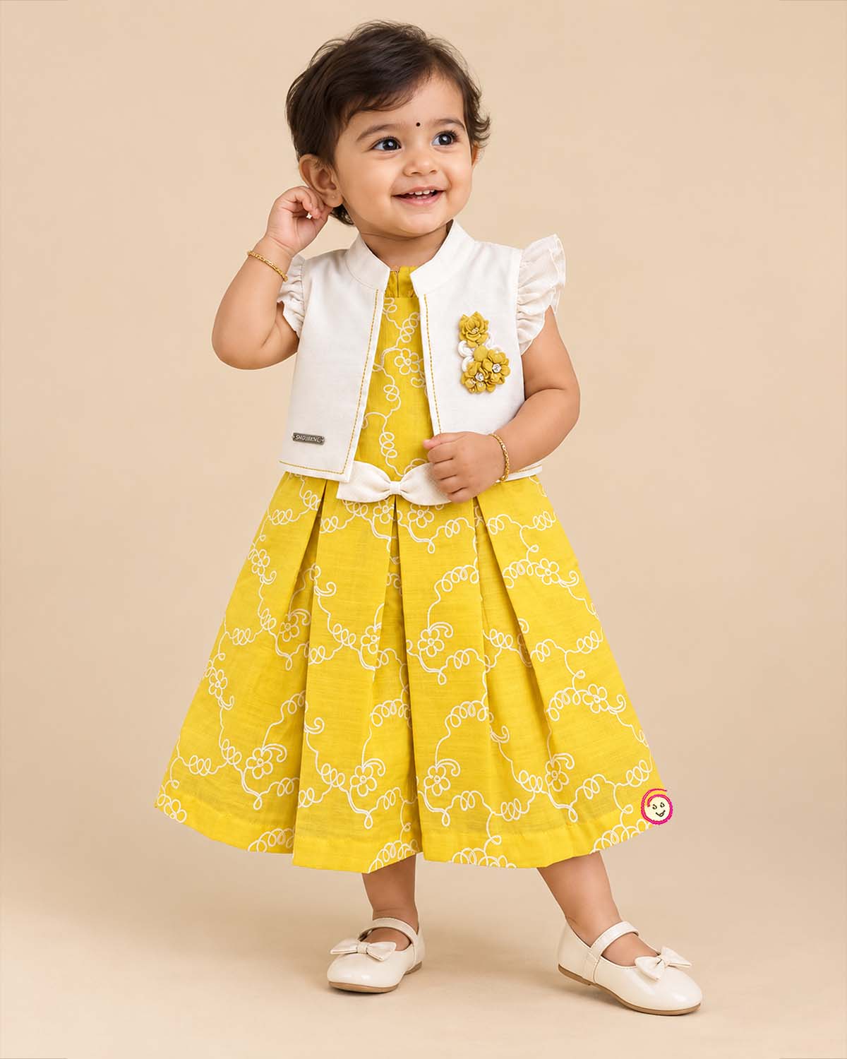 Toddler girl in mustard yellow cotton embroidered casual frock with off-white ruffled jacket