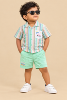Stylish striped short sleeve shirt with embroidered car pocket and matching shorts for boys