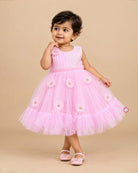 Little girl in soft pink net frock with floral appliqués and shimmer bodice for birthday parties