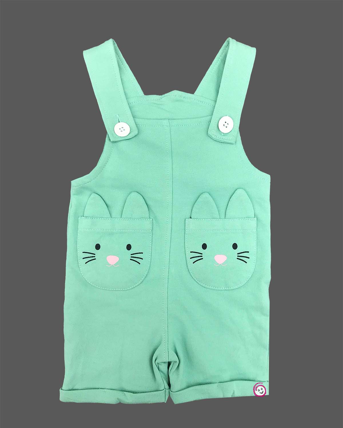 Baby boy active dungaree shorts featuring playful animal face pockets paired with a simple soft tee.