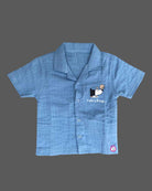 Light blue textured cotton button-down shirt with dog embroidery graphic baby boy top and shorts set for summer vacations, playdates, and park outings