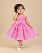 Little Girl Pink Embroidered Net Party Frock with Bow Detail and Scalloped Hemline