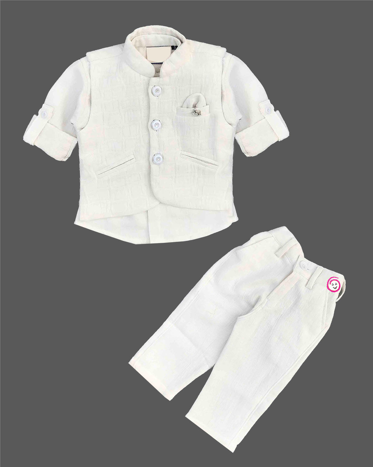 Dapper charmer textured pattern waistcoat suit set with shirt and pant for boys