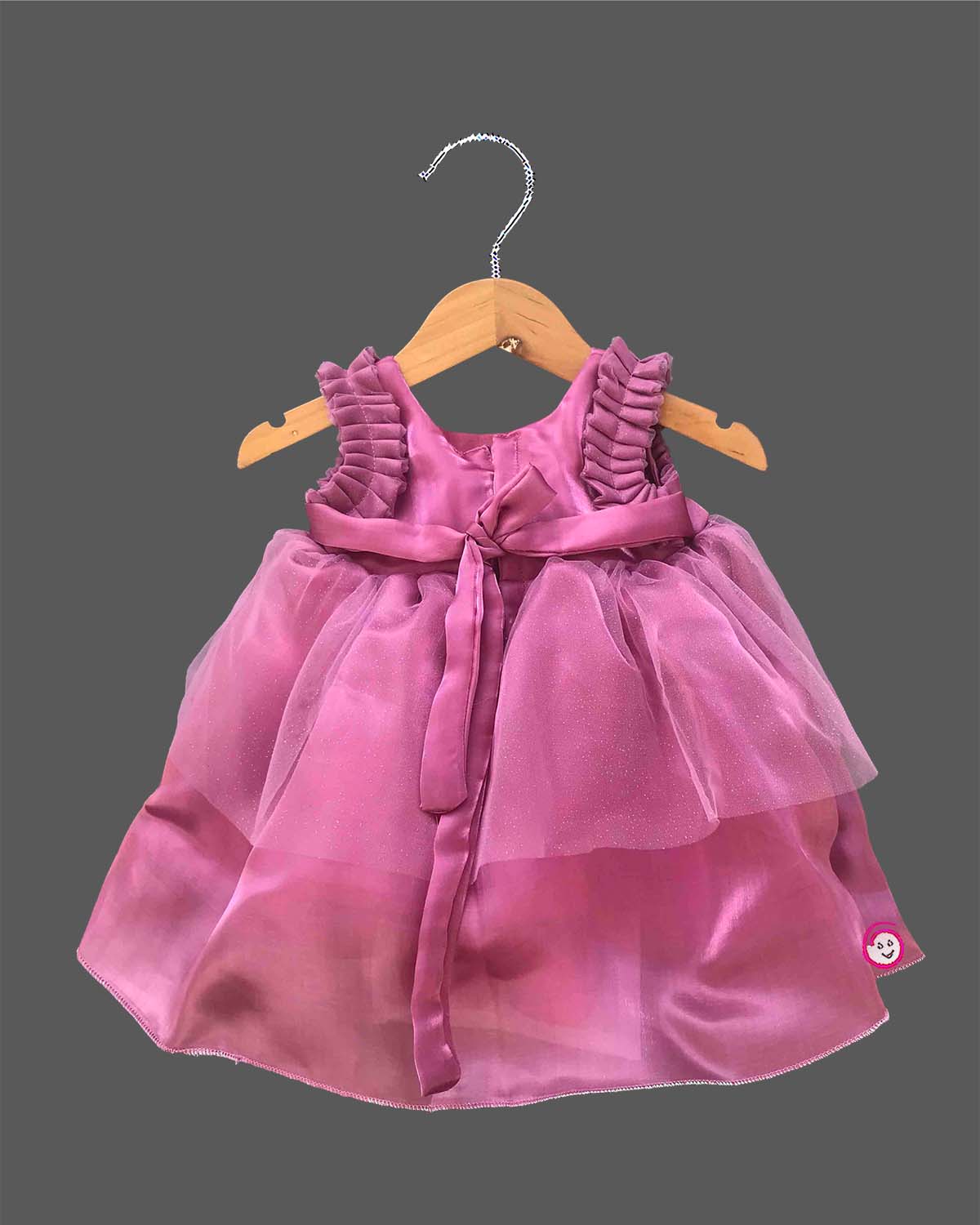 Mauve pink infant net party frock with ruffled sleeves and rose applique for baby girl birthday and wedding