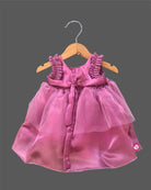 Mauve pink infant net party frock with ruffled sleeves and rose applique for baby girl birthday and wedding