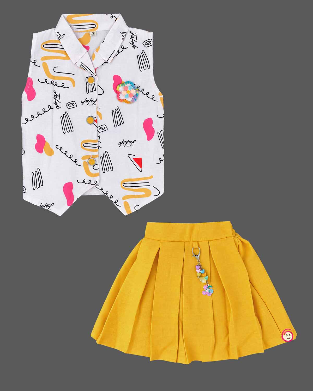 Sleeveless printed  top paired with a pleated skirt baby western wear dress for girls