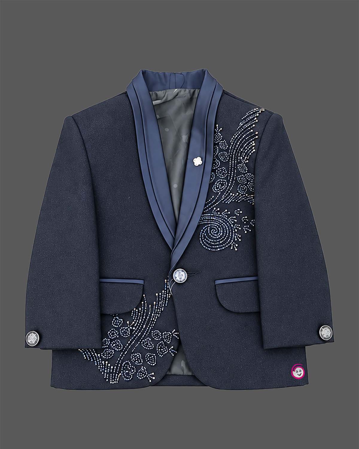 Navy blue formal tuxedo suit set for boys with crystal embellishments, shawl collar jacket, white shirt, tie, and pant for wedding party