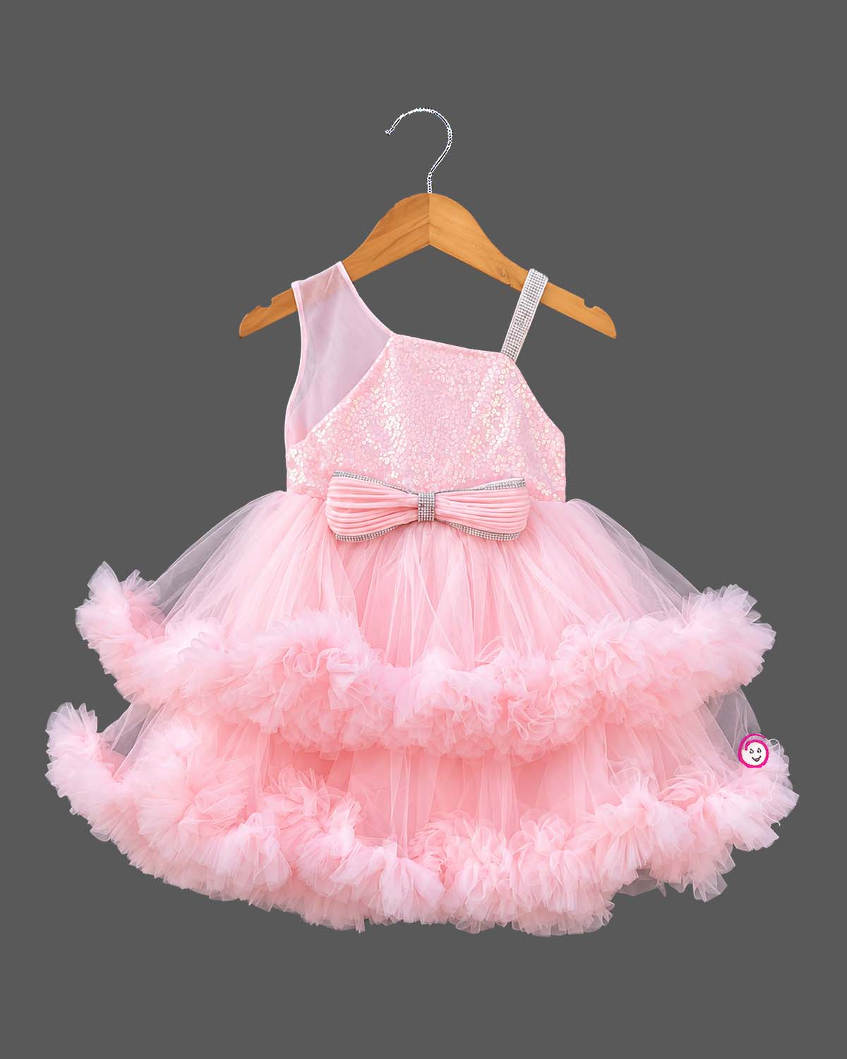 Sequin high-low tiered ruffle gown baby party wear dress featuring asymmetrical strap and front bow