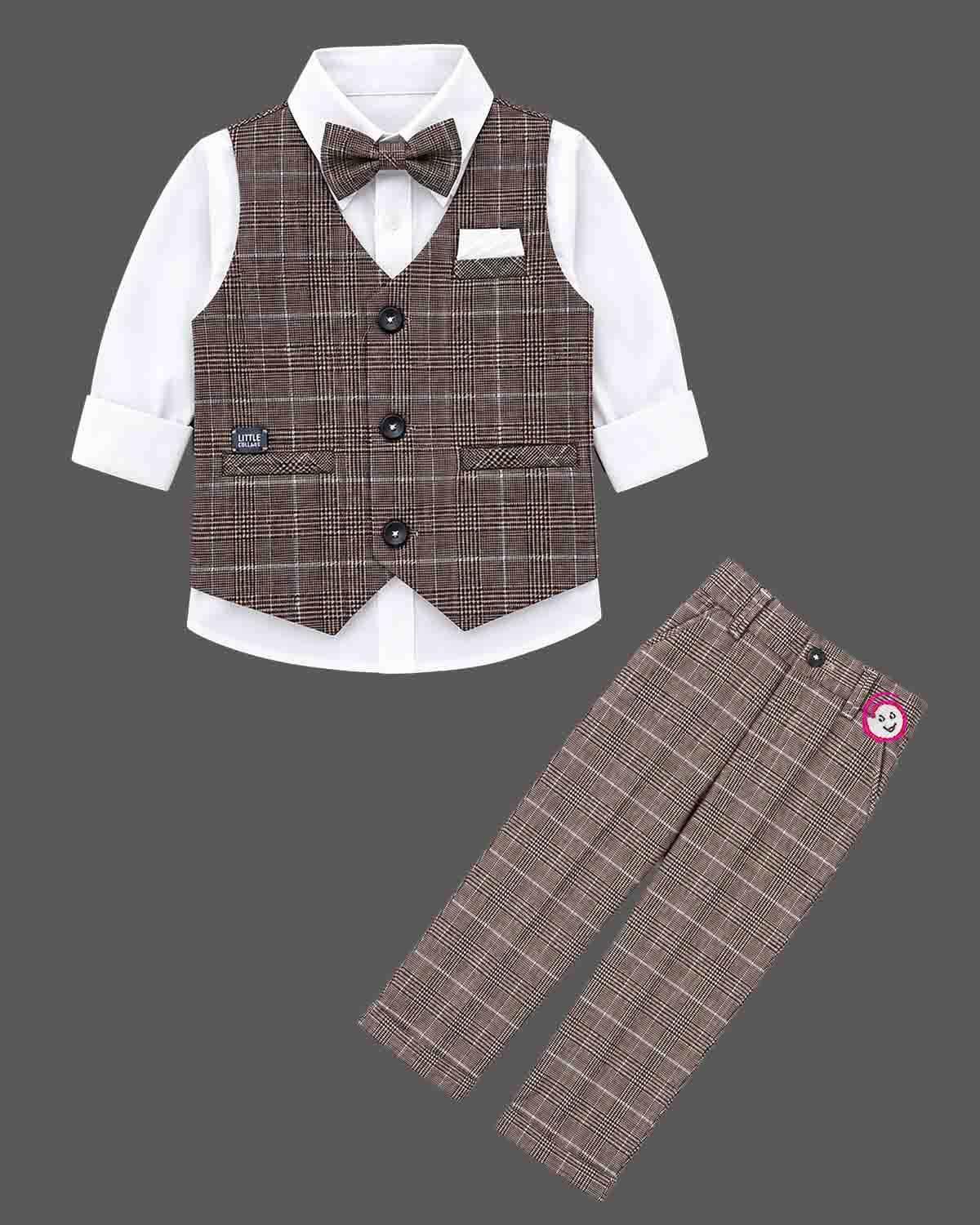 Toddler boys indo western dress for boys featuring structured check waistcoat, crisp shirt, matching pant, and bow tie.