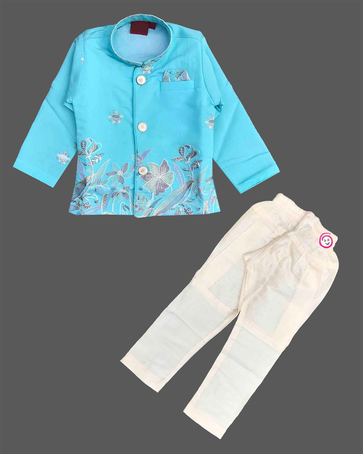 Sky blue embroidered silk sherwani with white pajama set for boys