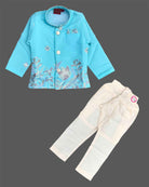Sky blue embroidered silk sherwani with white pajama set for boys