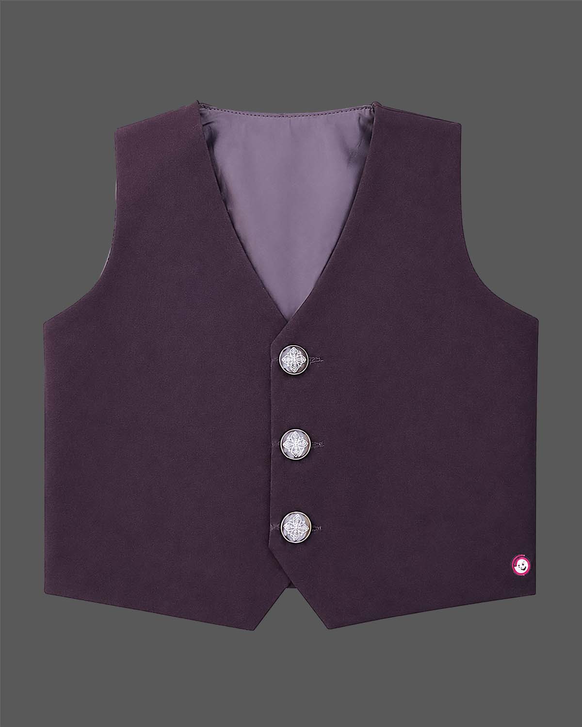 Boys wine designer tuxedo suit set featuring a shawl collar blazer with intricate gold shoulder embroidery, shirt, waistcoat, tie, and matching formal pant