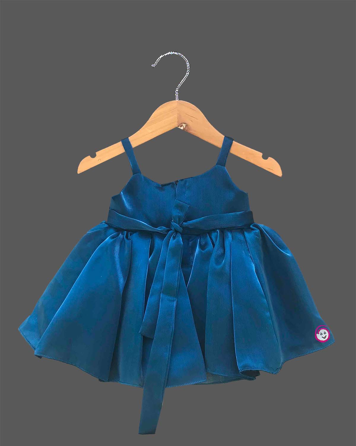 Peacock blue satin bow party frock for girls with shoulder straps