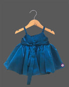 Peacock blue satin bow party frock for girls with shoulder straps