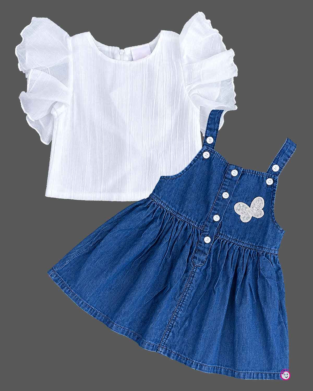 Toddler girl flutter sleeve top pinafore set with butterfly applique and gathered denim skirt.