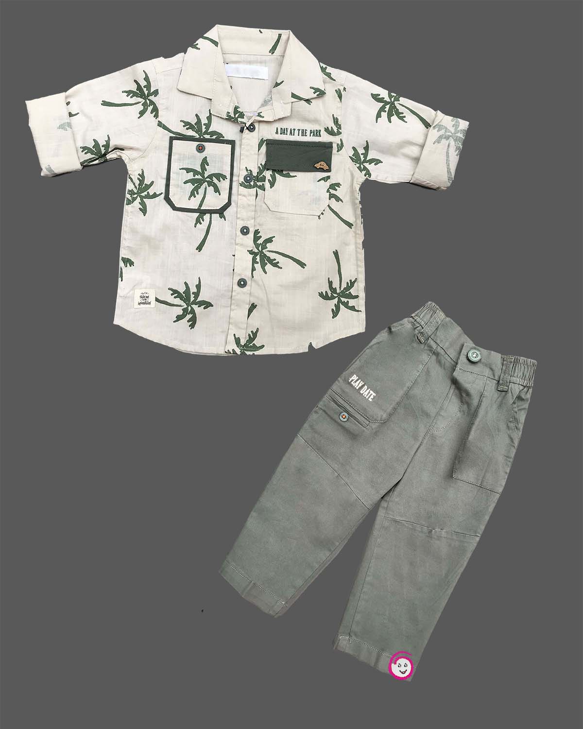 Boys printed full sleeve roll up shirt with pocket detail matching trousers outfit