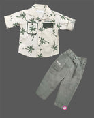 Boys printed full sleeve roll up shirt with pocket detail matching trousers outfit