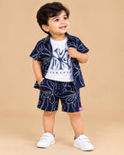 Boys party wear printed short sleeve shirt and elasticated shorts set with line art graphics