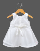 Kids party wear satin A-line frock with large rosette flower accents, matching headband, and soft booties set.