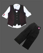 Black and wine purple textured velvet waistcoat suit set with bow for boys