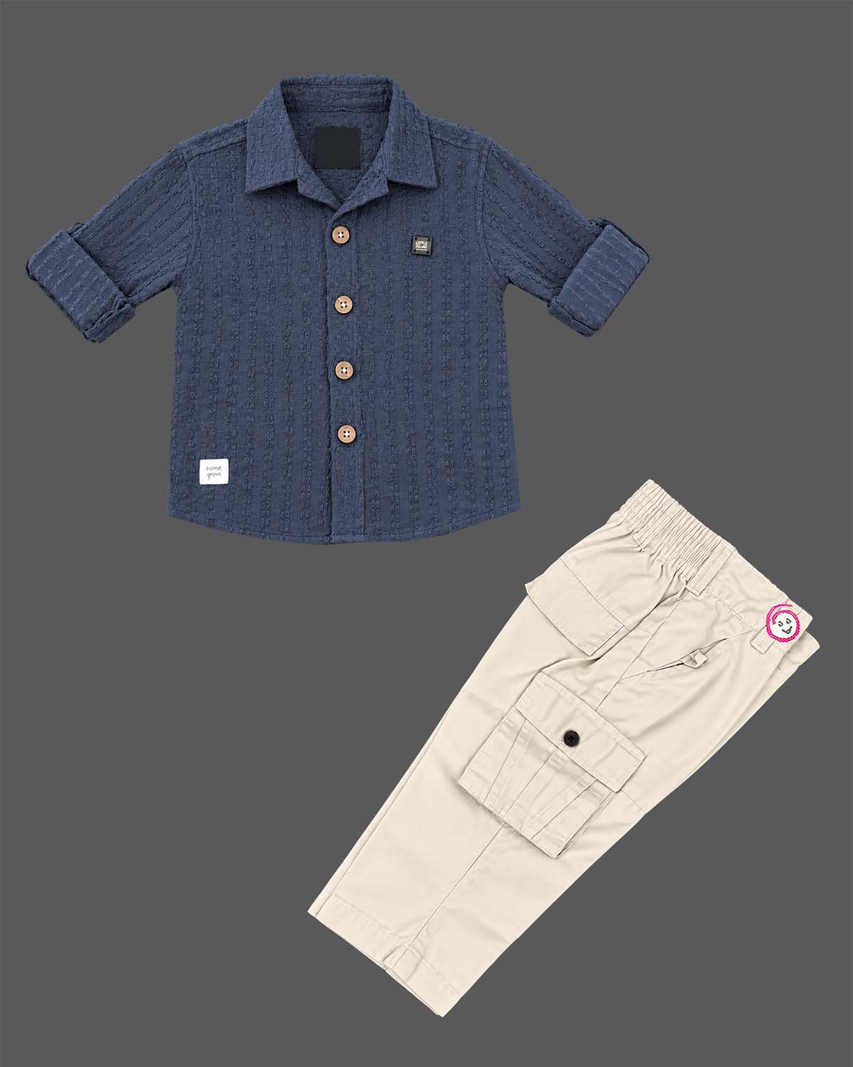 Boys shirts set featuring textured jacket layer graphic tshirt and cargo joggers for boys