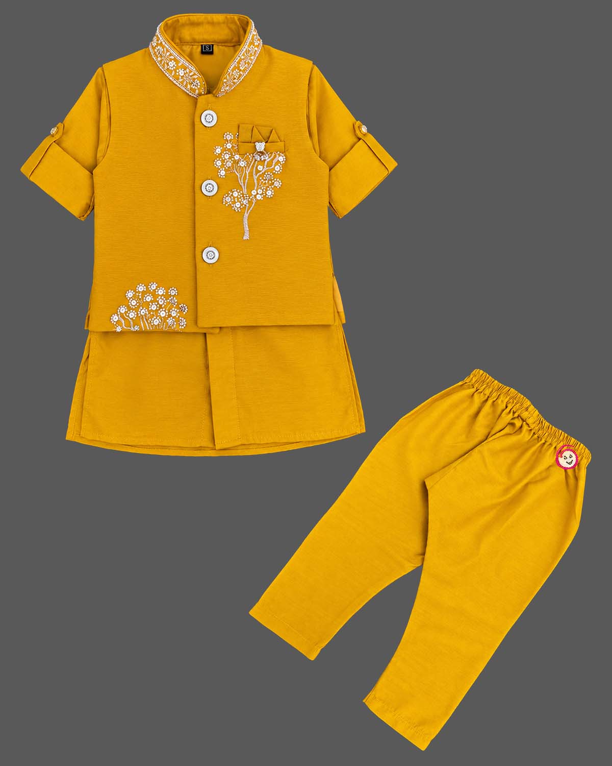 indo western dress for boys featuring embroidered mandarin collar and floral motifs for festive wear