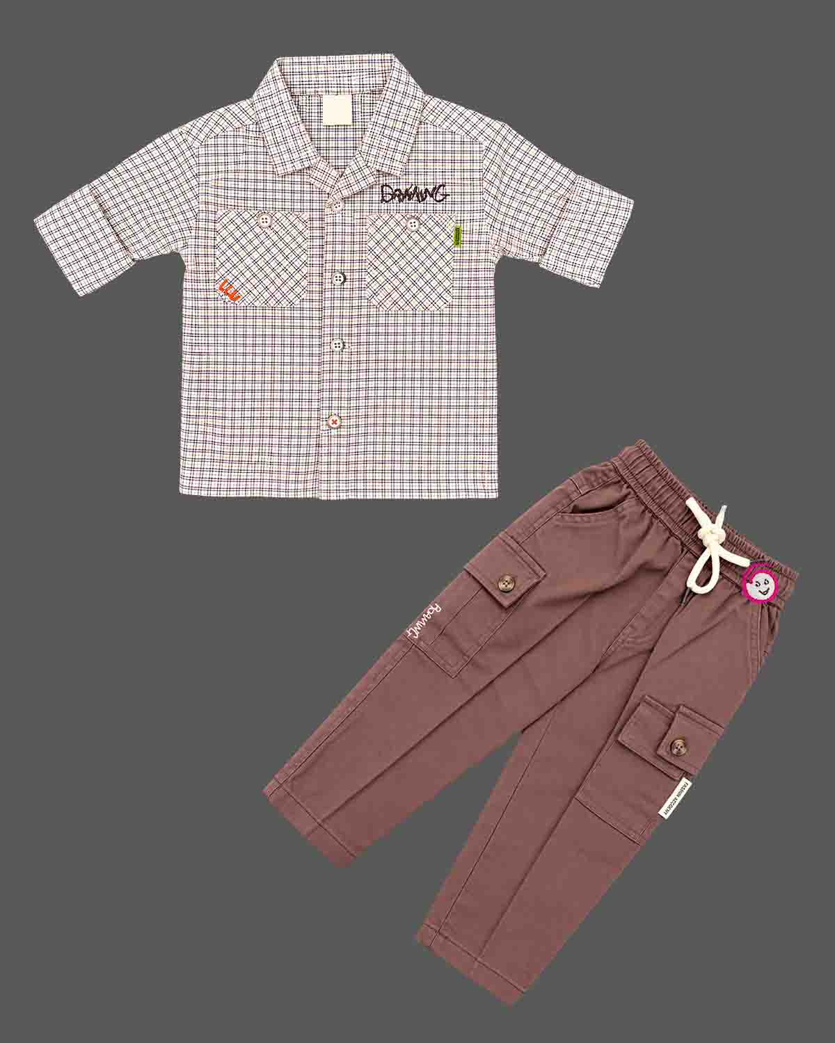 Checkered button down shirt and pant styled as kids western wear with utility flap pockets.