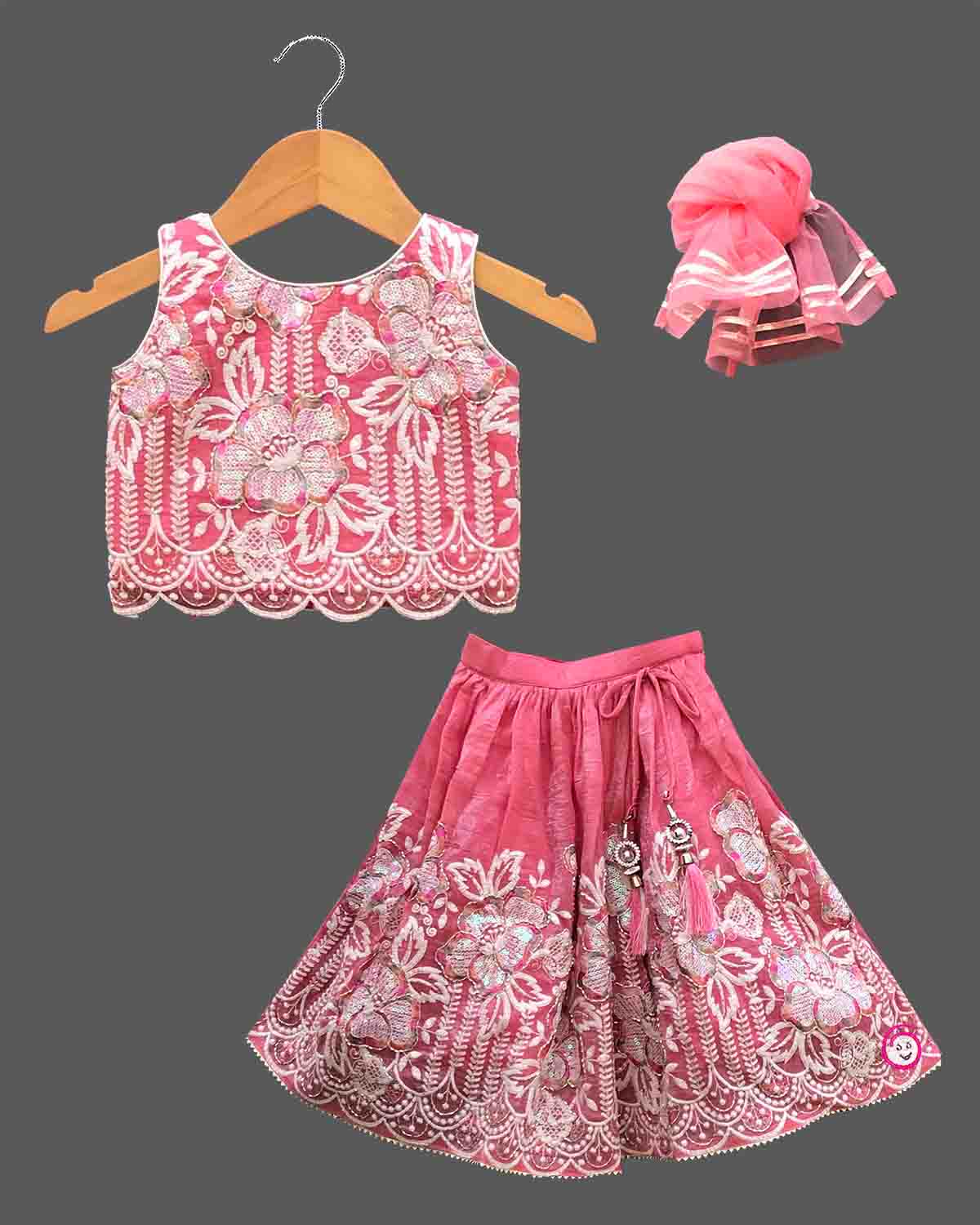 Baby girls sequin embroidered scalloped choli top with matching flared lehenga skirt and dupatta set
