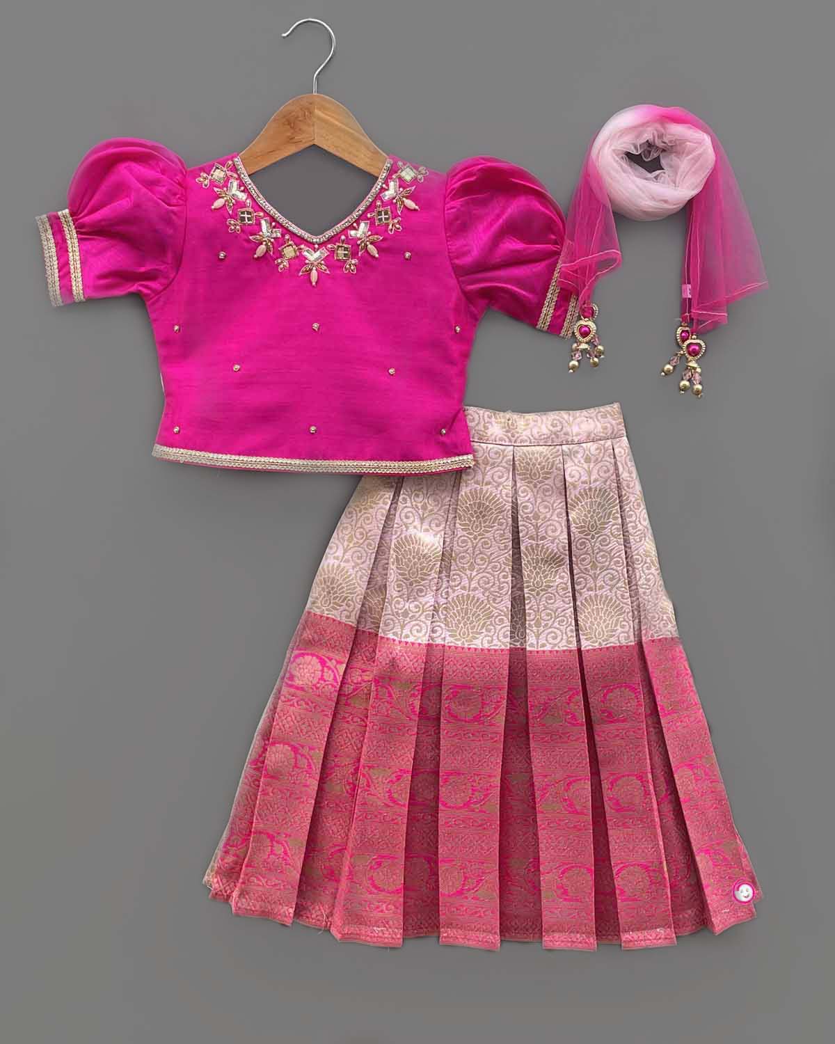 Embellished brocade silk pattu pavadai choli outfit with dupatta for toddler girls ethnic celebrations