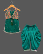 Sleeveless short kurti with attached embroidered jacket and pleated dhoti patiyala pants for kids[cite: 5].