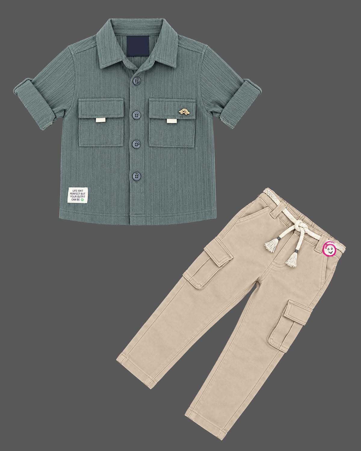 Boy wearing ribbed short sleeve button down shirt and matching cargo trousers party wear for boys