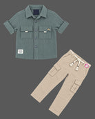Boy wearing ribbed short sleeve button down shirt and matching cargo trousers party wear for boys