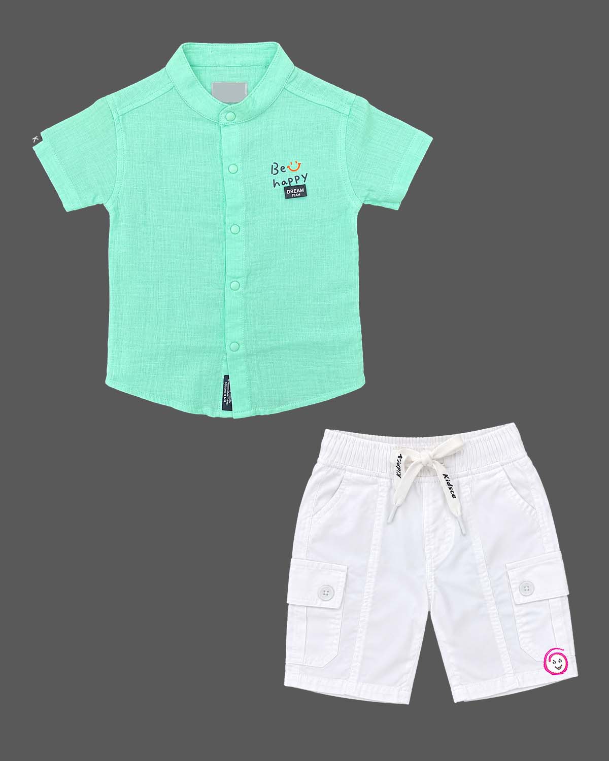Collar button down shirt and shorts styled as western wear for boys with typographic chest print.