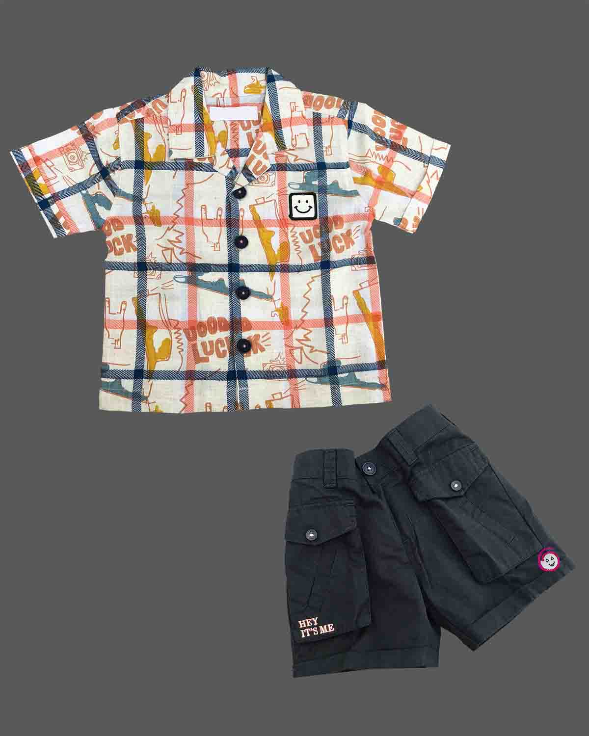 Toddler printed camp collar shirt paired with utility cargo shorts for young boys