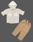 Toddler wearing striped hooded button down shirt and pant set as an western dress for boys.